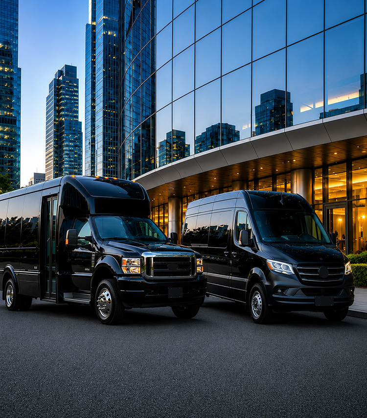 Corporate shuttle vans at city campus