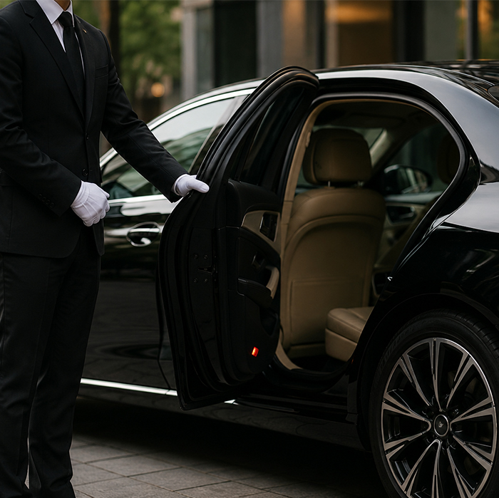 Professional chauffeur opening luxury car door for passenger