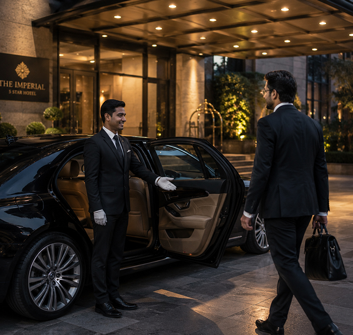 Chauffeur welcoming passenger in front of The Imperial hotel