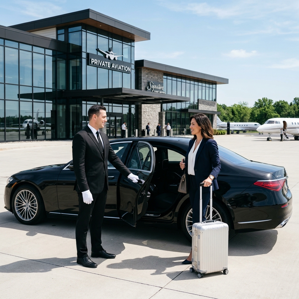 Chauffeur opening door for client at private jet terminal